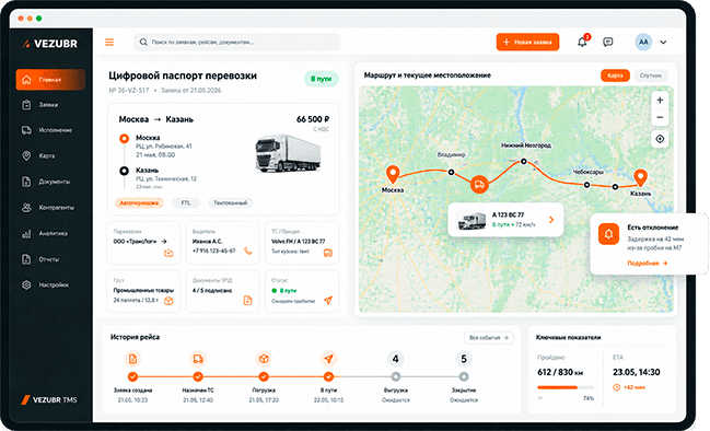 TMS VEZUBR: заявки, планирование перевозок, статусы рейсов и аналитика